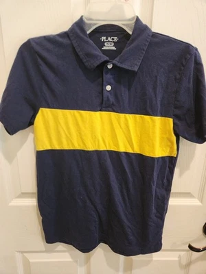 Polo infantil masculina tamanho 14 azul marinho, listra amarela. Excelente estado usado - Imagem 1 de 4