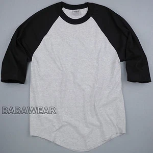 Shaka Plain Baseball Shirt Raglan 3/4 Sleeve Black Gray BABA Vintage Look - Picture 1 of 2