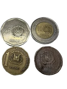 Dominican Republic coins, lot Of 4 Coins:1 Peso,25 Pesos,10 Pesos One ERROR COIN - Picture 1 of 6