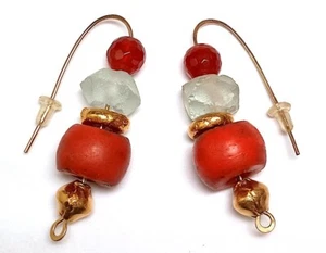 Earrings - 14 mm Antique Coral Glass, Faceted Carnelian, Gold Fill Wires, 1.5" - Picture 1 of 1