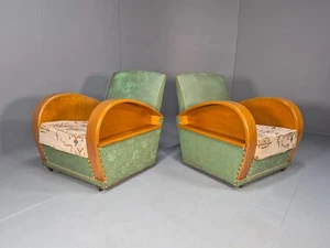 2 Vintage Art Deco Armchairs Green and Cream Wood Arms 1950s EB10031 VCLO - Picture 1 of 18