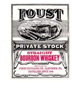 1937 FOUST DISTILLERY CO, GLENROCK, PENNSYLVANIA PRIVATE STOCK WHISKEY LABEL - Picture 1 of 1