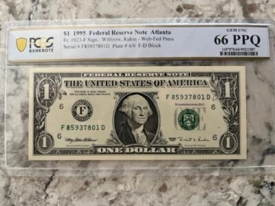1995 $1 FEDERAL RESERVE WEB NOTE ATLANTA FR.1923-F FD BLOCK PCGS GEM 66 PPQ - Image 1 of 3