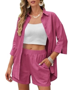 Zeagoo Womens 2 Piece Outfits Cotton Linen Shirt and Elastic Short Set - Picture 1 of 5