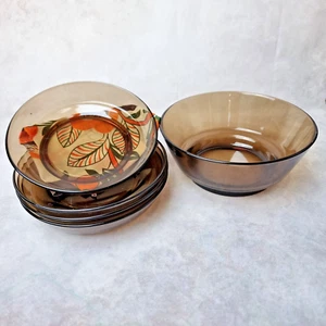 VERECO Smoked Salad Bowl and 4 Hollow Plates - Tempered Glass - 1970s - Picture 1 of 13