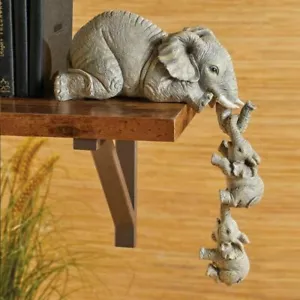 Cute Elephant Figurine Mother Hanging Two Babies Small Statue Ornament Gift UK - Picture 1 of 7