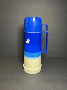 Vintage Retro 1970s Thermos 22A63 Blue & White Striped Vacuum Bottle 16oz - Picture 1 of 10