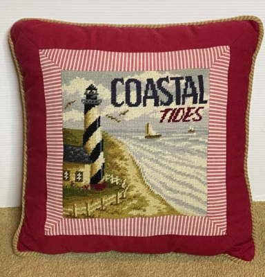 NEW C&F Home Navy Red Wool Needlepoint Throw Pillow Beach Coastal Lighthouse 18" - Image 1 of 4