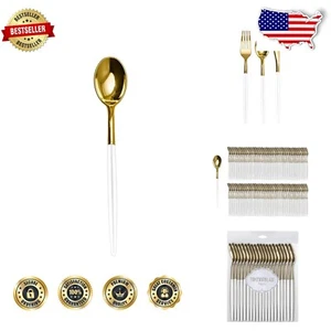 Durable White and Gold Plastic Spoons - 120 Pieces for Parties and Weddings - Picture 1 of 8