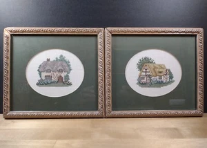 Cross Stitch 2 Finished Pictures Cottages Farmhouses Houses In Frame Embroidery - Picture 1 of 15