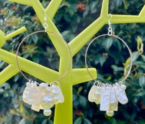 PEARL CLUSTER HOOPS glass pearls copper mother of pearl resin statement bridal b - Picture 1 of 7