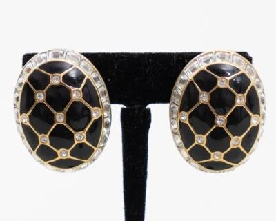 Brincos com clipe oval Swarovski tom ouro amarelo preto e cristal transparente 1,25" - Imagem 1 de 4