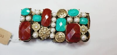 Erica Lyons Stretch Bracelet Burnt Red Turquoise Gold White Pearls  New  #20 - Image 1 of 2