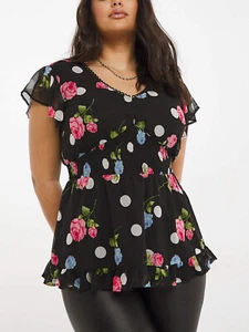SimplyBe Shirred Top BLACK Floral Spot Print V-Neck Szs 12 14 16 20 24 28 30 32 - Picture 1 of 4