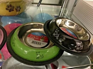 shallow stainless steel coloured pet cat dog puppy bowl 15cm x 3cm assorted - Picture 1 of 2