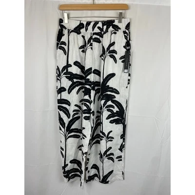 Tahari Women's 100% Linen Pull On Pant Wide Leg Black Tropical Leaves Size L - Image 1 of 4