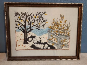Vtg Framed Crewel Embroidery Needlepoint Winter Landscape 9.5" x 7" - Picture 1 of 3