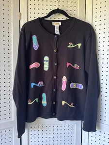 VTG Talbots Lg Cotton Black Cardigan Sweater Bead Embroidery Shoes Heels - Picture 1 of 7