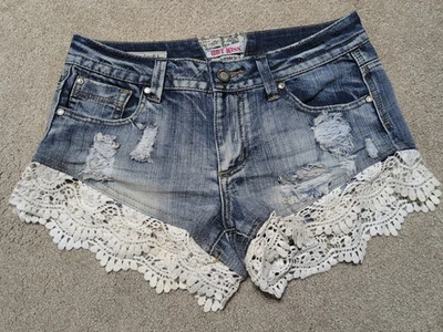 Hot Kiss CiCi Short denim shorts distressed lace trim Women's Size 7 Waist 30 - Image 1 of 4