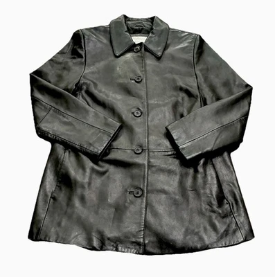 Chaqueta de cuero negra de longitud media Liz Claiborne para mujer con cuello de 5 botones talla mediana Foto 1 de 4
