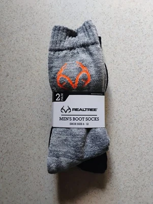 Realtree Men’s Boot Socks 2-Pack Thermal Outdoor Work Size 6-12 Gray Black New - Image 1 of 2