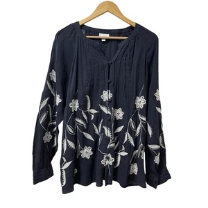 J Jill Damen Bluse bestickt Blumen leichte Knopfleiste Größe M marine Boho - Bild 1 von 7