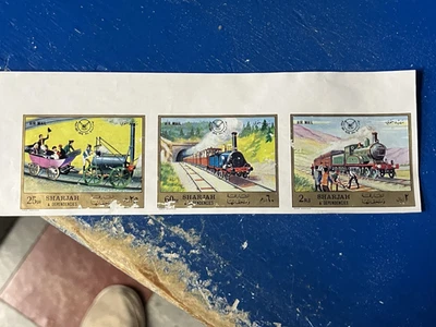 El anuncio es: (3) Estampillas aéreas imperforadas de trenes de Sharjah y dependencias 1971-NH Foto 1 de 4