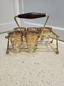 Vintage Culver Shot Glass Carrier Caddy Chantilly Set 22kt Gold Bar Set 5 Glass - Picture 1 of 20