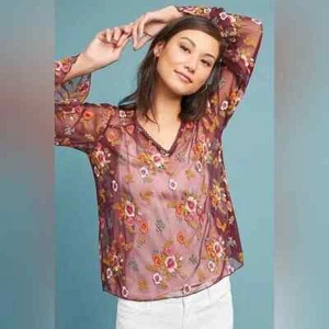 Top Anthropologie Pluma Hueso Girardla XS Borgoña Bordado Malla Transparente Boho - Imagen 1 de 9