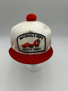 Vtg Materials Safety Short Bill Puff Ball Snapback Trucker Hat Cap Patch *READ - Picture 1 of 11