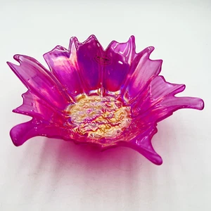 Hot Pink Akcam Iridescent Floral Turkish Art Glass Bowl - 9 in x 3 in - Picture 1 of 5