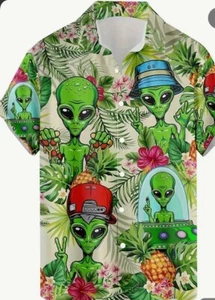 Funky Aliens grün Marsians hawaiianisches Shirt Herren Gr. Large NEU!! Komisch! - Bild 1 von 2