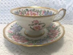 Hammersley rosa, blau Blumen Fuß überbackene Teetasse und Untertasse Set Goldrand - Bild 1 von 7