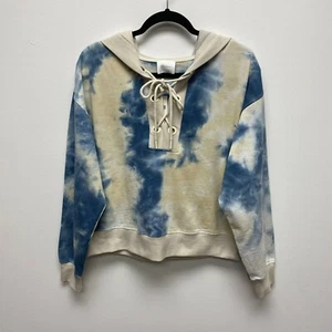 Sundays ANTHROPOLOGIE Blue Tan Tie Dye Lace Up Pullover French Terry Hoodie M - Picture 1 of 7