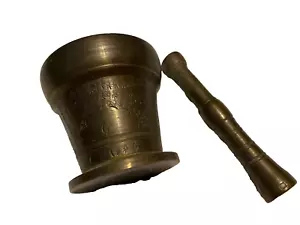 Antique Brass 3" Tall Mortar Bowl & Pestle Set Asian? Engraved 2 lbs 3.6 oz - Picture 1 of 6
