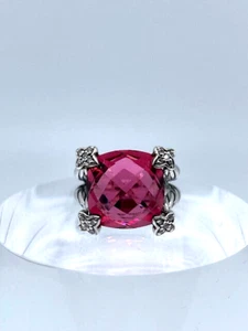 David Yurman Pink Tourmaline Cushionon Diamond Point 15mm Ring Size 5.25 - Picture 1 of 9