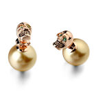Rose Gold Fill Green Crystal Eye Skull Gold Pearl Double Sided Stud Earring XE34