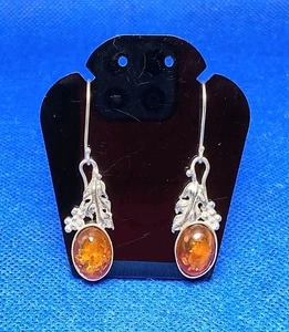 Pair Of Sterling Silver & Cabochon Baltic Amber Drop Dangle Earrings 925 - Picture 1 of 8