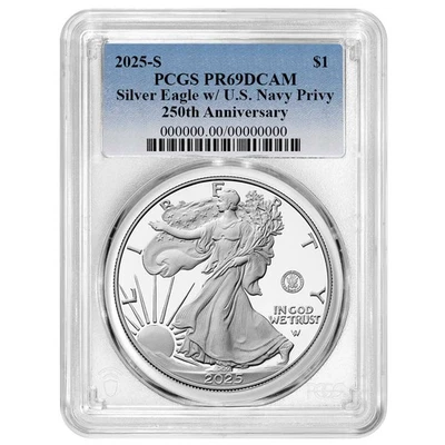 Presale - 2025-S Proof $1 American Silver Eagle Navy Privy PCGS PR69DCAM Blue - Image 1 of 3