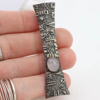 Broche tribal de cuarzo rosa cabujón de plata de ley 925 vintage de 9 gramos 2,75" Foto 1 de 4