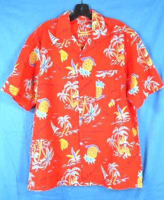 VTG California Rainbow RED HAWAIIAN SHIRT Pineapples HULA GIRLS Diamond Head L - Image 1 of 4