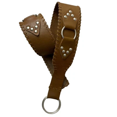 Vtg Calvin Klein Brown Leather Equestrian Belt Silver Metal O Rings Wide Stud XL - Image 1 of 4