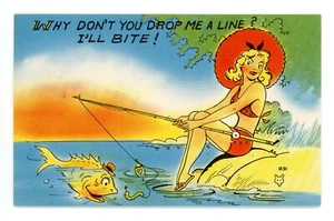 Lot of 3 Vintage Fishing Related Sexy Comic Linen Postcards - Picture 1 of 4
