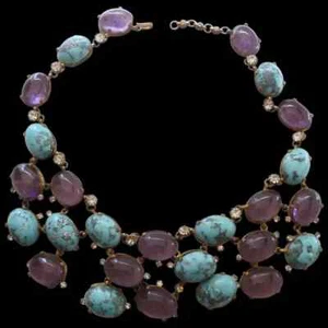 MADE IN FRANCE Amethyst Poured Glass Turquoise Matrix Cabochon Bib Necklace - Picture 1 of 12