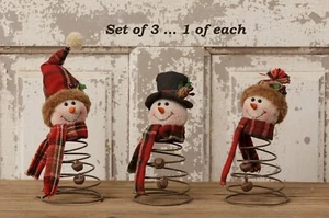 Set of 3 Primitive Winter SNOWMAN on WIRE SPRINGS ... Christmas - Picture 1 of 5