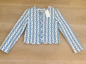 Caroline Constas Quilted Cropped Linen Jacket Blue & White Bows Floral NWT - Picture 1 of 4
