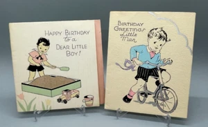 Vintage Art Deco Boy Birthday Greeting Cards, Sandbox & Bicycle, 1930's - Bild 1 von 10