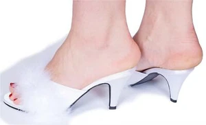 White Short Heel Satin Fluffy Slippers 3.5" UK 8 9 10 11 Trans - Picture 1 of 1