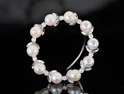 $8250 Platinum Bezel Set Round Diamond 8mm Cultured Pearl Leaf Circle Pin Brooch - Image 1 of 4