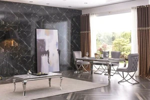 Marble 130, 160, 180 cm Dining Table with 6 Velvet Chairs Black Cream Grey White - Picture 1 of 64